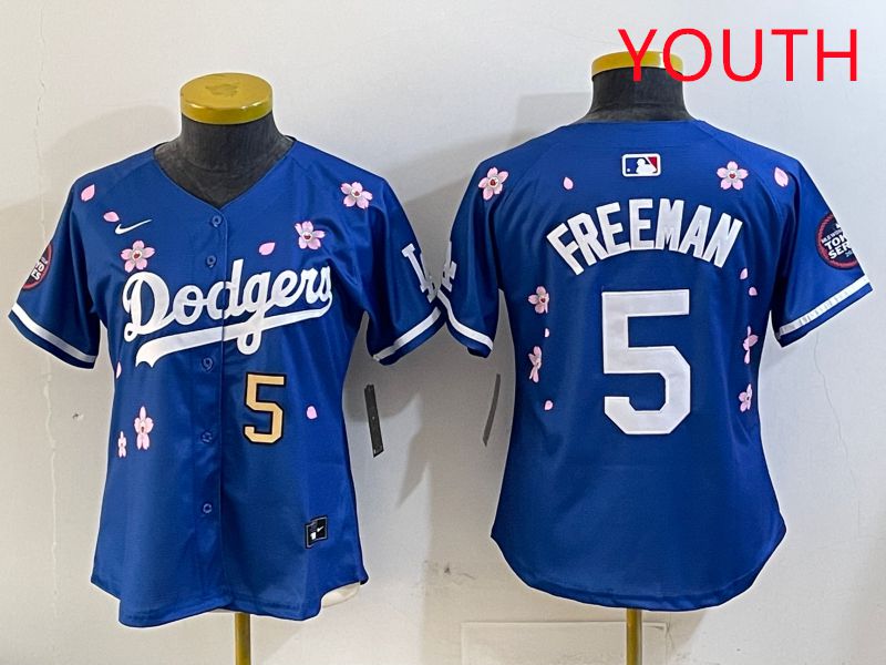 Youth Los Angeles Dodgers #5 Freeman Blue Sakura Edition 2025 Nike MLB Jersey style 7->youth mlb jersey->Youth Jersey